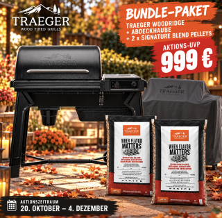 TRAEGER Woodridge Bundle AKTION incl. Abdeckhaube und 2x Signature Blend Pellets 9 kg